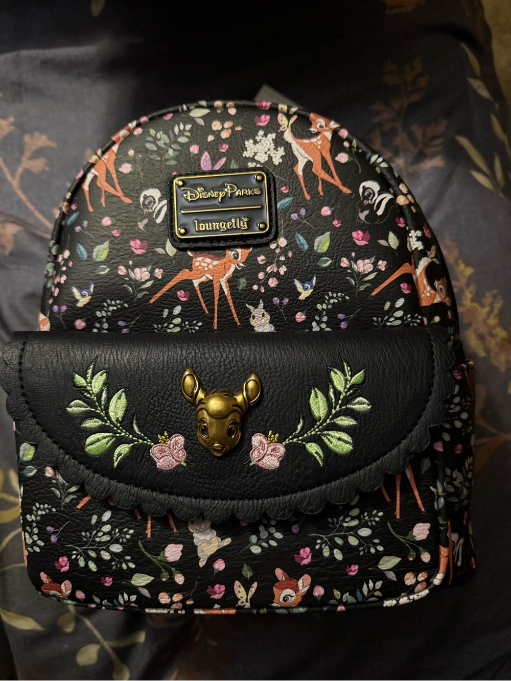 Loungefly Black Floral Bambi Mini Backpack with Gold Accent